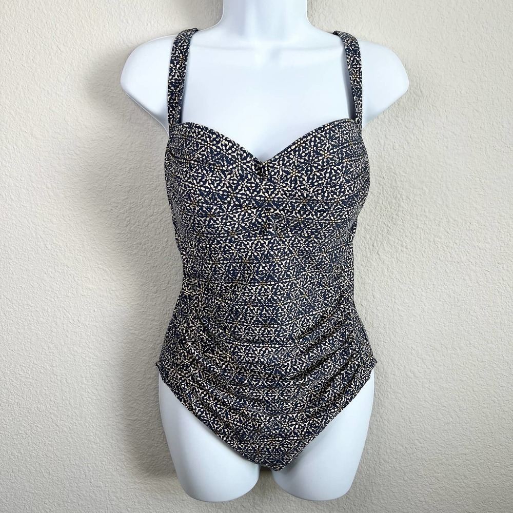 Bond Eye Australia Swim Suit Women's 10 D/DD One Piece Ruched Blue Gold Pattern